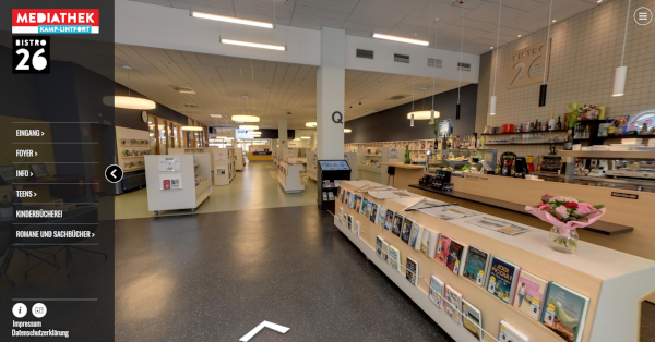 Screenshot aus dem virtuellen Rundgang durch die Mediathek (Foyer)