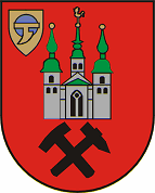 Stadtwappen Kamp-Lintfort, Beschreibung: In rotem Feld die silberne Abteikirche Kamp mit grünem Dach und Turmhelmen; die beiden seitlichen Türme tragen oben eine goldene Kugel, der Dachreiter einen goldenen Hahn. Unter der Kirche gekreuzt ein schwarzer Schlägel und ein schwarzes Eisen. Im rechten Obereck ein goldenes Schildchen, darin eine blaue Weltkugel, die von einem goldenen Ring umschlossen wird, von dem eine goldene Pflugschar nach unten ausgeht.