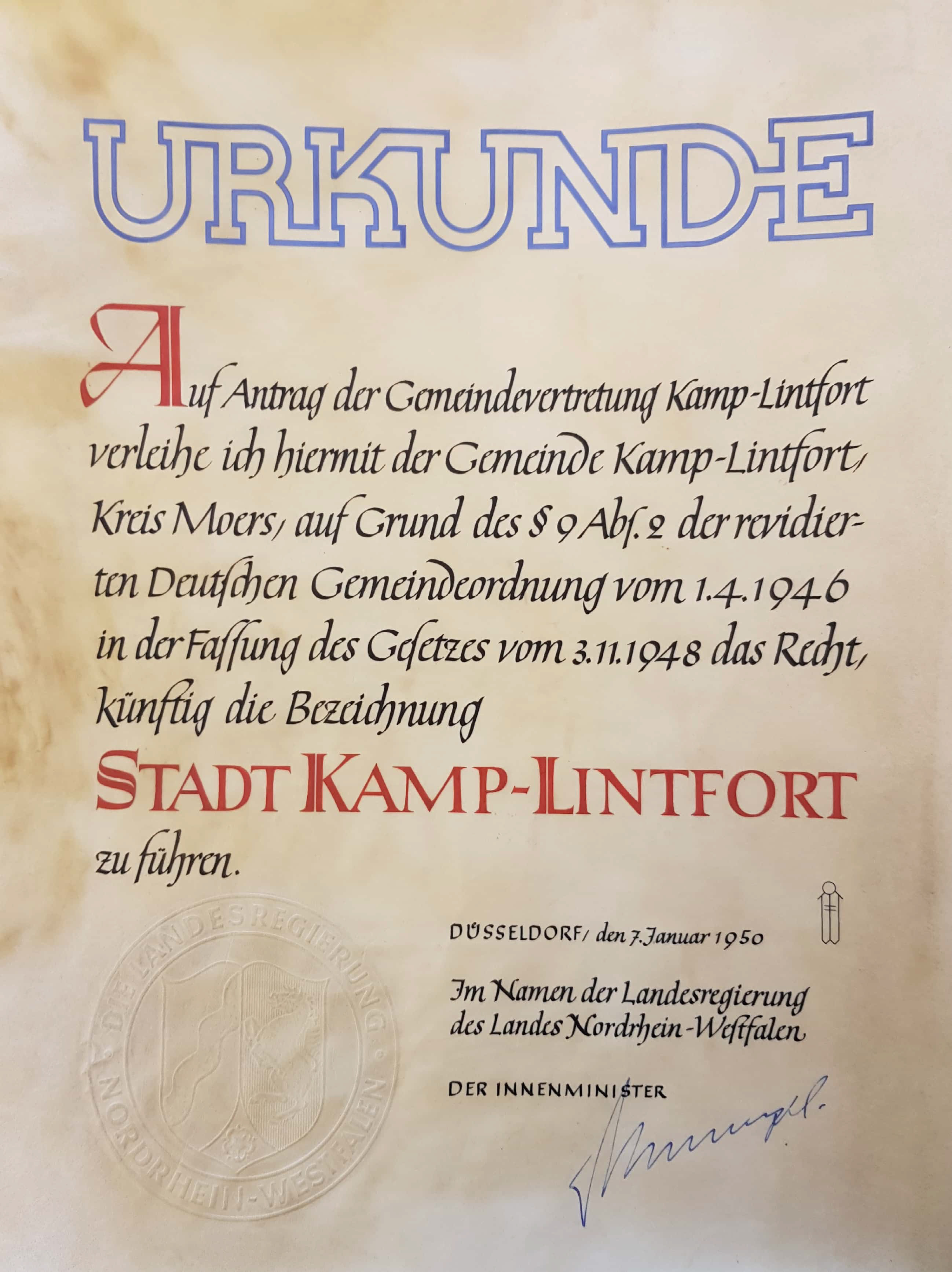 Orginalurkunde Verleihung der Stadtrechte