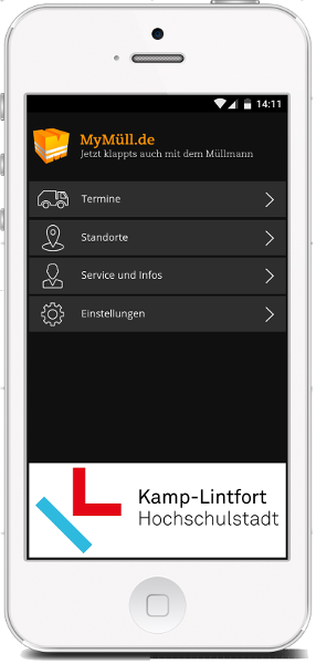 Startbildschirm Müll-App ASK Kamp-Lintfort