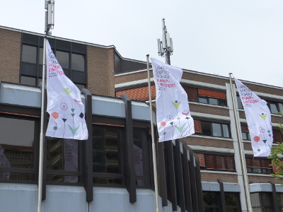 Vor dem Rathaus hängen drei neue Landesgartenschau-Fahnen