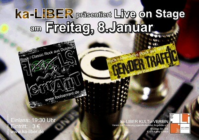 Veranstaltungsflyer ka-LIBER-Café: Konzert mit Fools Errant und Gender Traffic am 08.01.2010